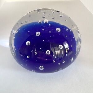 Art Glass Paperweight Hand Blown Cobalt Blue Controlled Bubbles Round Half Pound